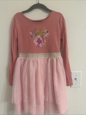 Girls' Pink Floral Sequin Tulle Dress with Minnie Emblem with Sparkly Gold Bow